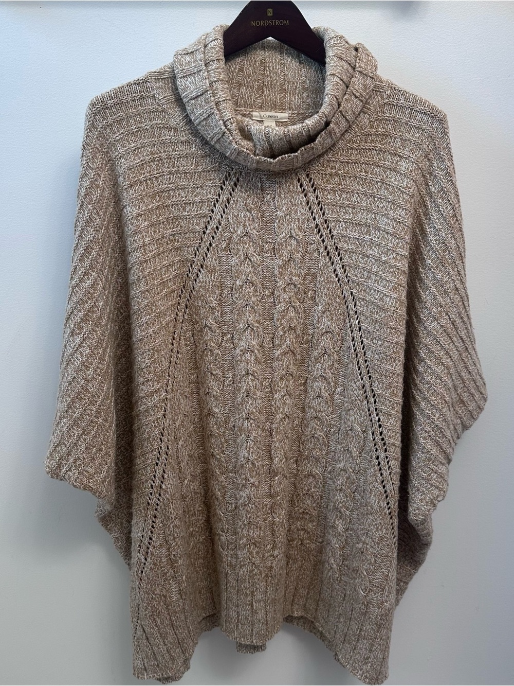 Caslon Angora Blend Oatmeal Cable Knit Cowl Neck Poncho Cape Sweater M/L